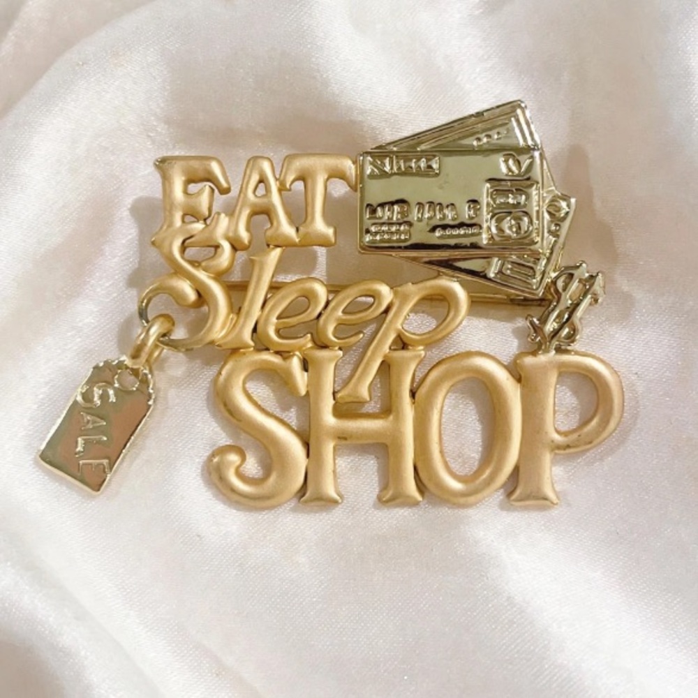 Eat Sleep Shop Gold Tone Dangle Sale Tag Brooch Pin “Signed” AJC